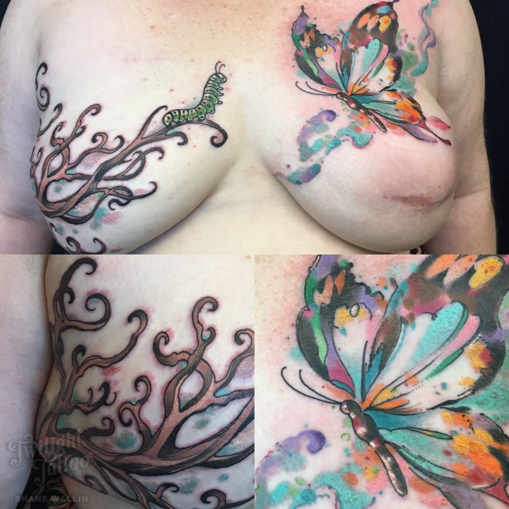 Philenor Butterfly and Roses Abdominal/Mastectomy Tattoo