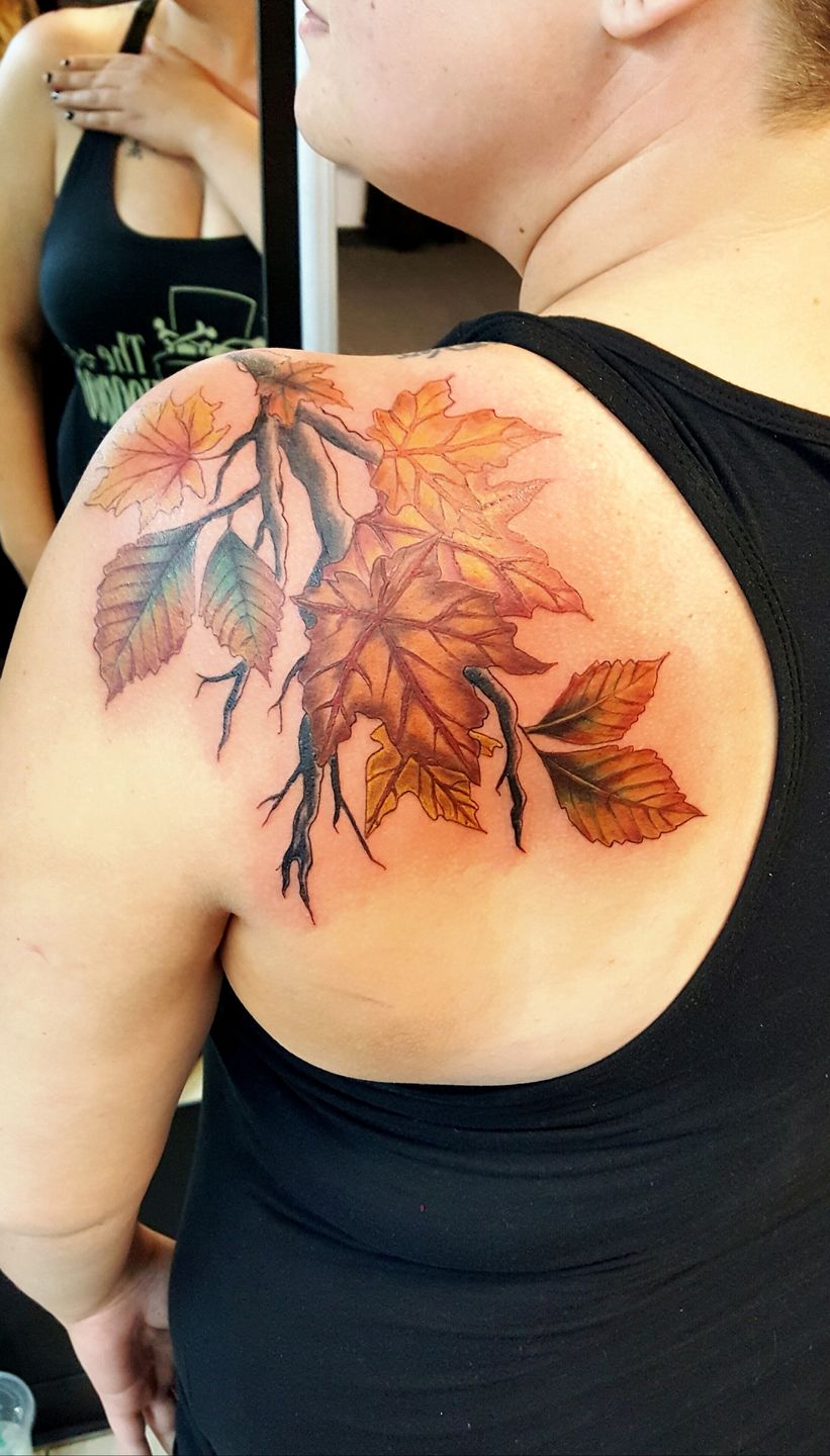 Black Ink Flying Birds And Autumn Tree Tattoo On Left Shoulder