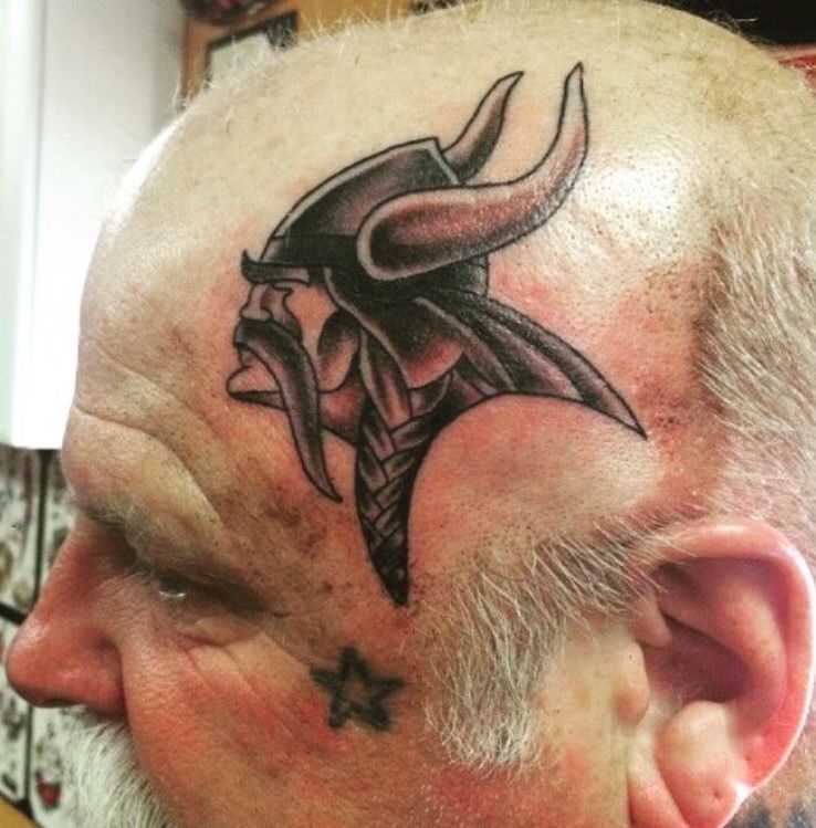 steviewells:minnesota-vikings-logo-tattoo-on-head-football 