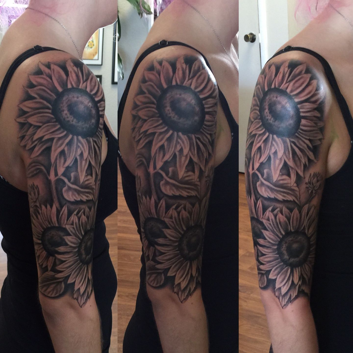 Black And Grey Sunflower Tattoos On Half Sleeve
