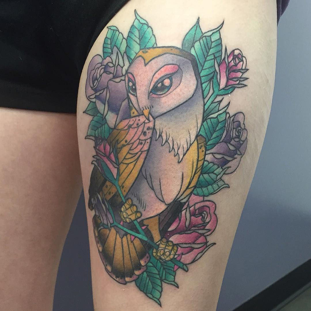 Illustrated Gentleman  Inner arm owl owl tattoo traditional rose