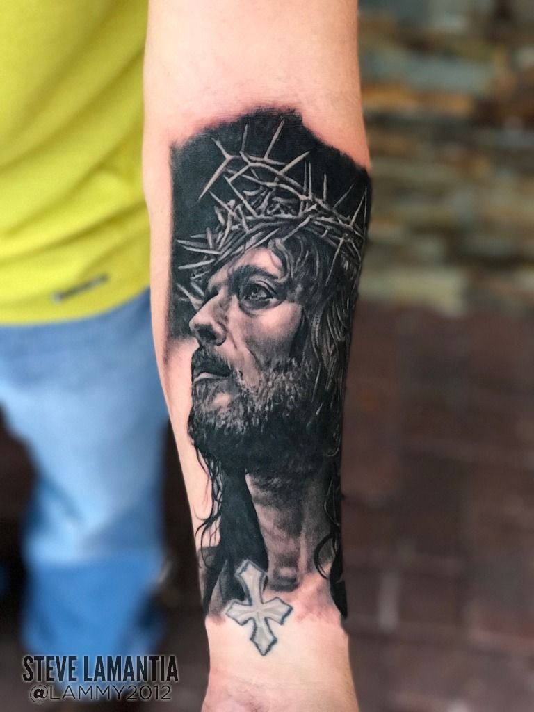 Most Amazing Jesus Christ Wearing Crown Of Thorns Tattoo on Half Sleeve