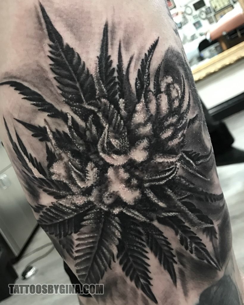 tattoosbygina:weed-marijuana -realistic-black-and-gray-realism-black-and-gray-leg-420-flowers