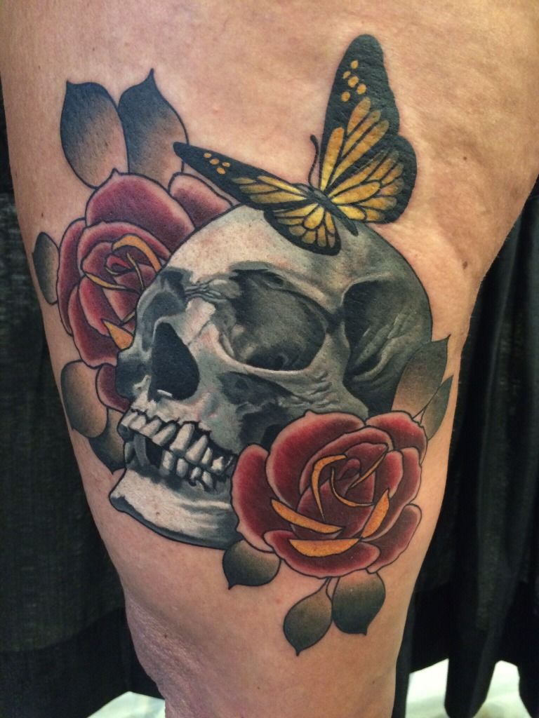 Skull with Roses tattoo by Arthur Coury  Photo 25933