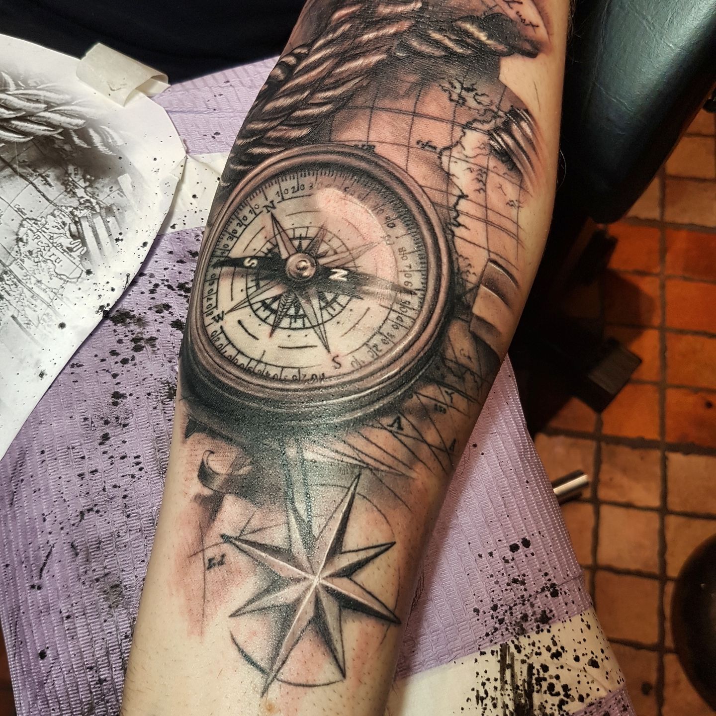 Black and Grey Flowers and Compass tattoo by Dimas Reyes TattooNOW