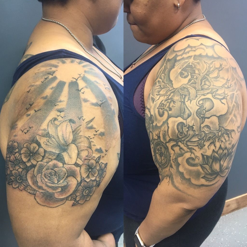Rising Sun Rays Tattoo On Shoulder And Arm