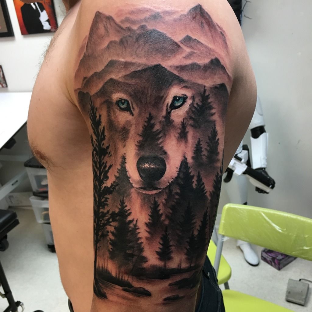 Tattoo uploaded by Giovanni Perez  wolf mountains nature animal  Forest moon realism alphawolf wolves trees nightsky By Dylan Sartin  twistanchortattoo  Tattoodo