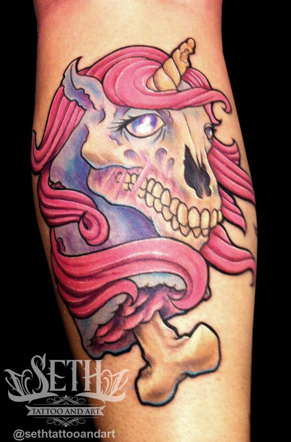 Zombie_unicorn_tattoo__undead_unicorn_meat__tattoos_tatted_inked_ink_tattooed_tattoo_artist__new_school_color_color_bomb__bone_skull_undead_walking_dead_frosting_hair_sethtattooandart_seth_tattoo_seth_michael