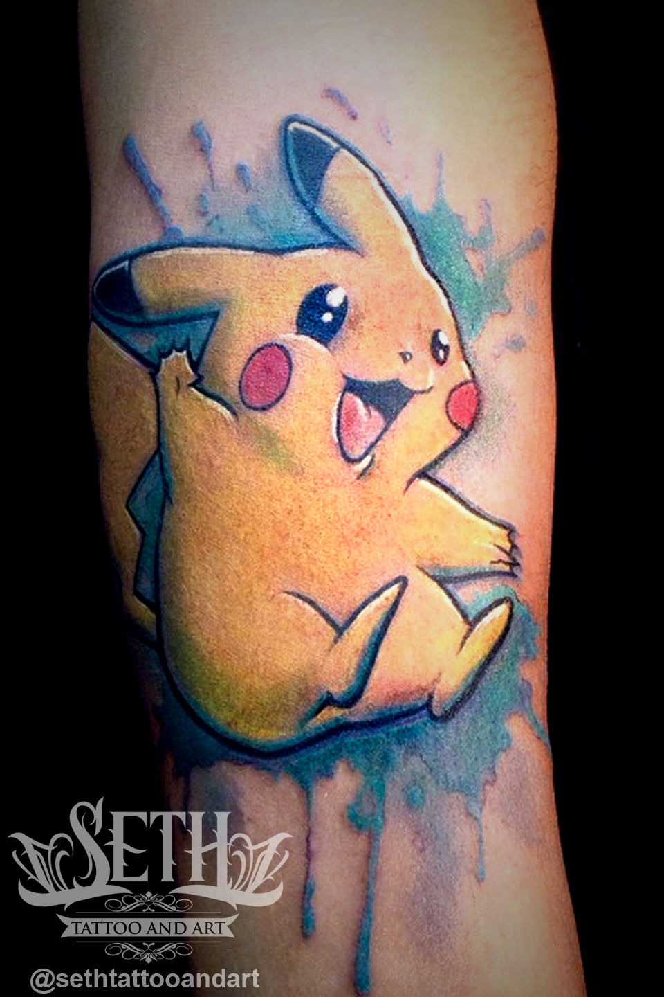 Pikachu_tattoo_pokemon_pokemon_go_cartoon_animation_animal_creature_fantasy_tattoo_tattooed_ink_inked__tattoo_shop_new_school__watercolor_water_color_tattoo__splash_seth_michael