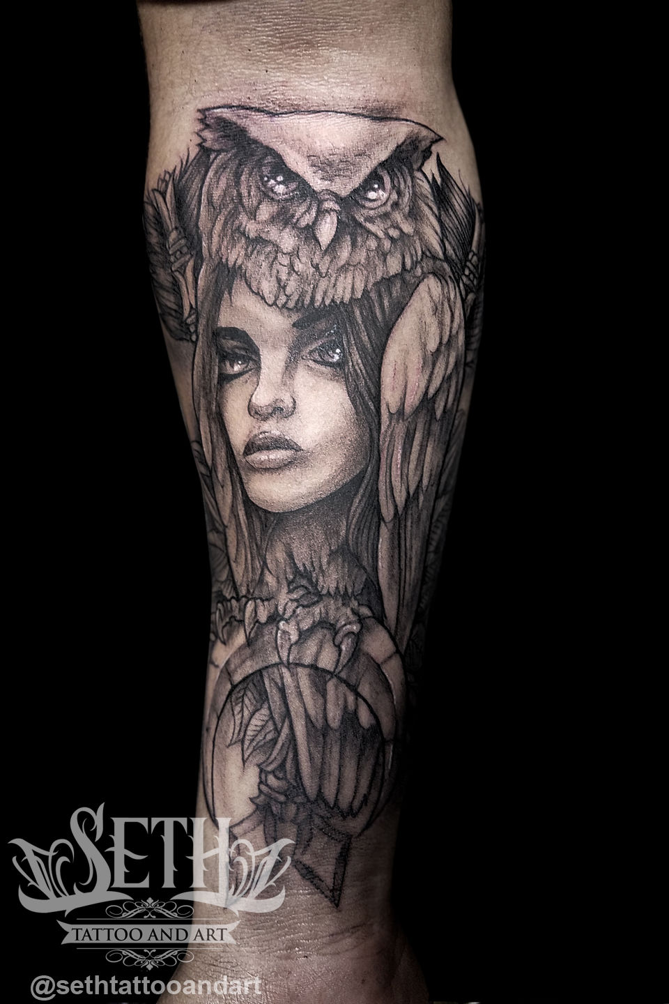 Owl_girl_portrait__new_school__tattoo_tattooed_ink_inked_ink_slave_owl_bir_girl_female_woman_portrait_wings_arrow_cresent_moon