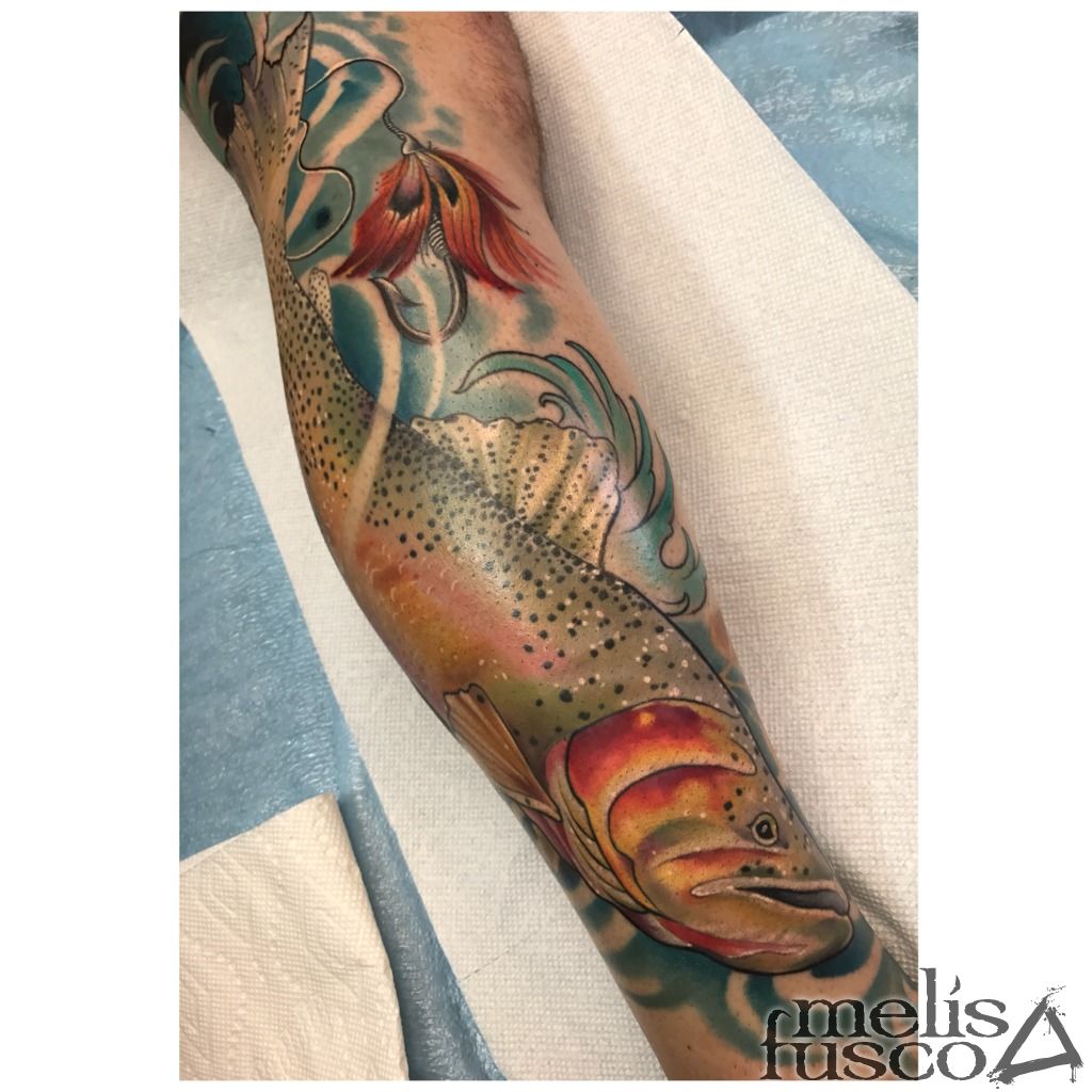 Brook trout by Dan Santoro at American House in Hawley PA Great guy  Great shop I could not be happier with it  rtraditionaltattoos