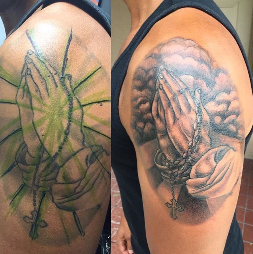 Praying Hands And Cloud Sleeve Tattoo