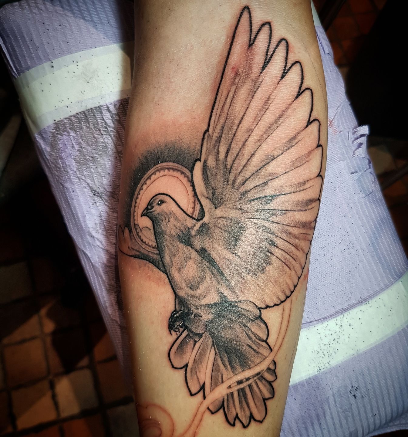 jordancampbellart:dove-dove-black-and-grey-fine-line-religious-bird-forearm
