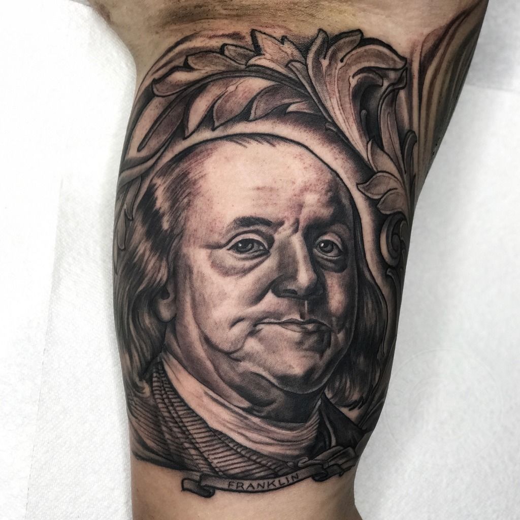 Tattoo tagged with benjamin franklin big black and grey character  facebook inner arm miguelbohigues patriotic portrait twitter united  states of america  inkedappcom