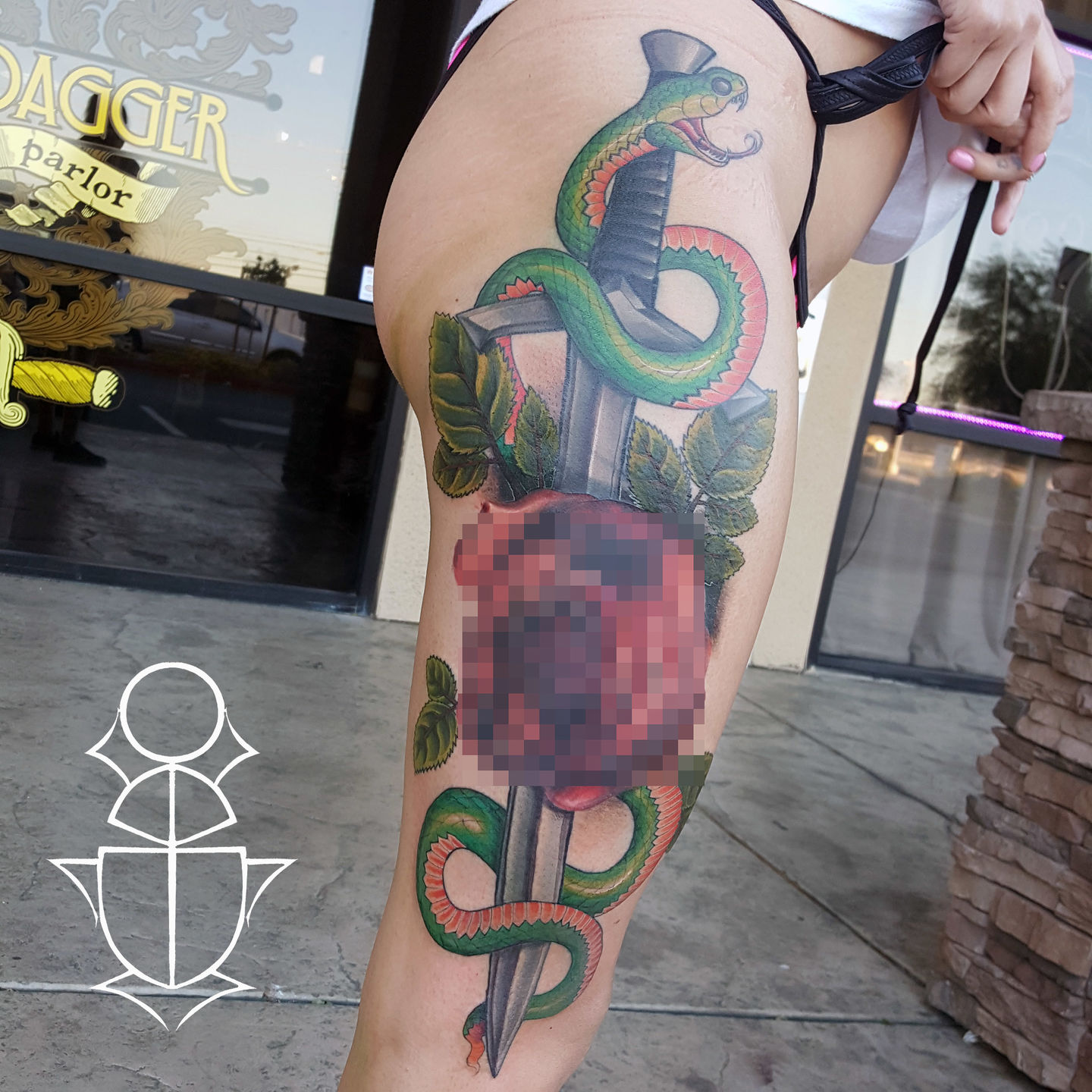 benjibaakar:snake-and-sword-tattoo-snake-snake-and-sword -neotrad-hip-thigh-neotraditional-illustrative-color