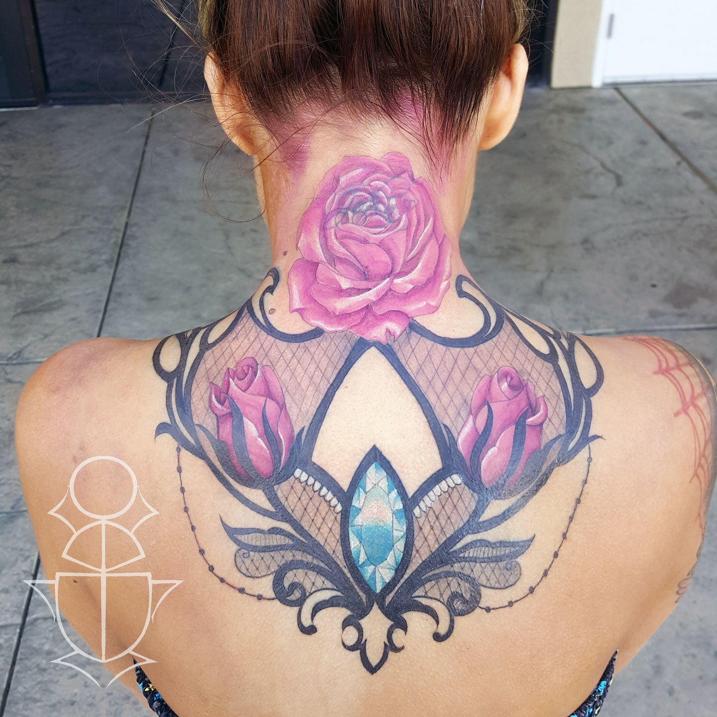 benjibaakar:ornamental-rose-tattoo-cover-up -rose-and-lace-roses-female-upper-neck-illustrative-rose-lace-neck-back