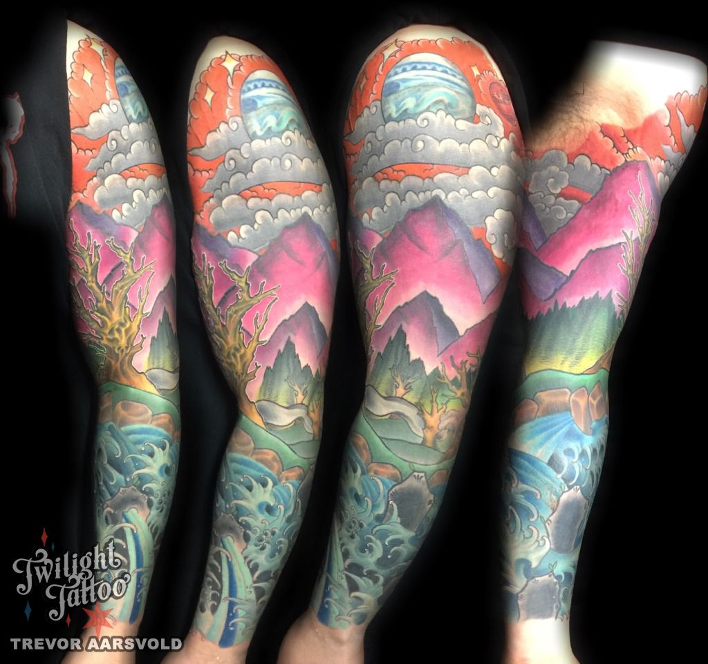trevordillonart:surreal-mountain-tattoo-color-scenery-mountains -stream-river-clouds-waves
