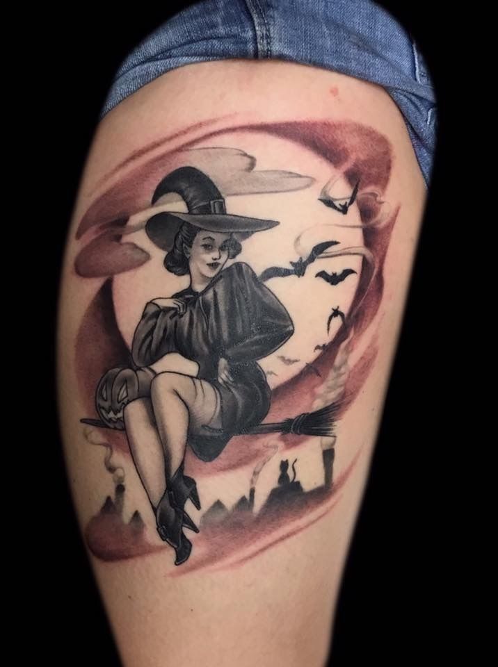 Lonoblack And Gray Tattoo Pinup Girl Tattoos Witch Halloween 
