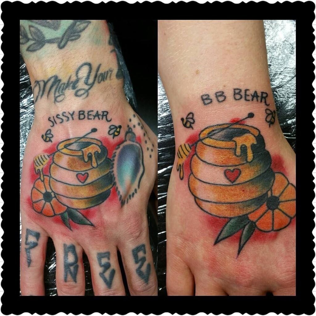 Tattoo by Canada iamcanada Honey bear for Hannah  Honey bear  fresh and healed along with a flowery elbow frame fresh and healed    Instagram