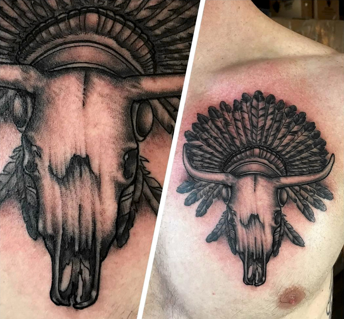 jakitatu:bull -skull-wheaddress-black-and-grey-black-and-gray-native-american-headdress- bull-bull-skull-skull-tattoo-skull-bull-tattoo-horns-tattoos-for-men-chest- tattoo-black-and-white