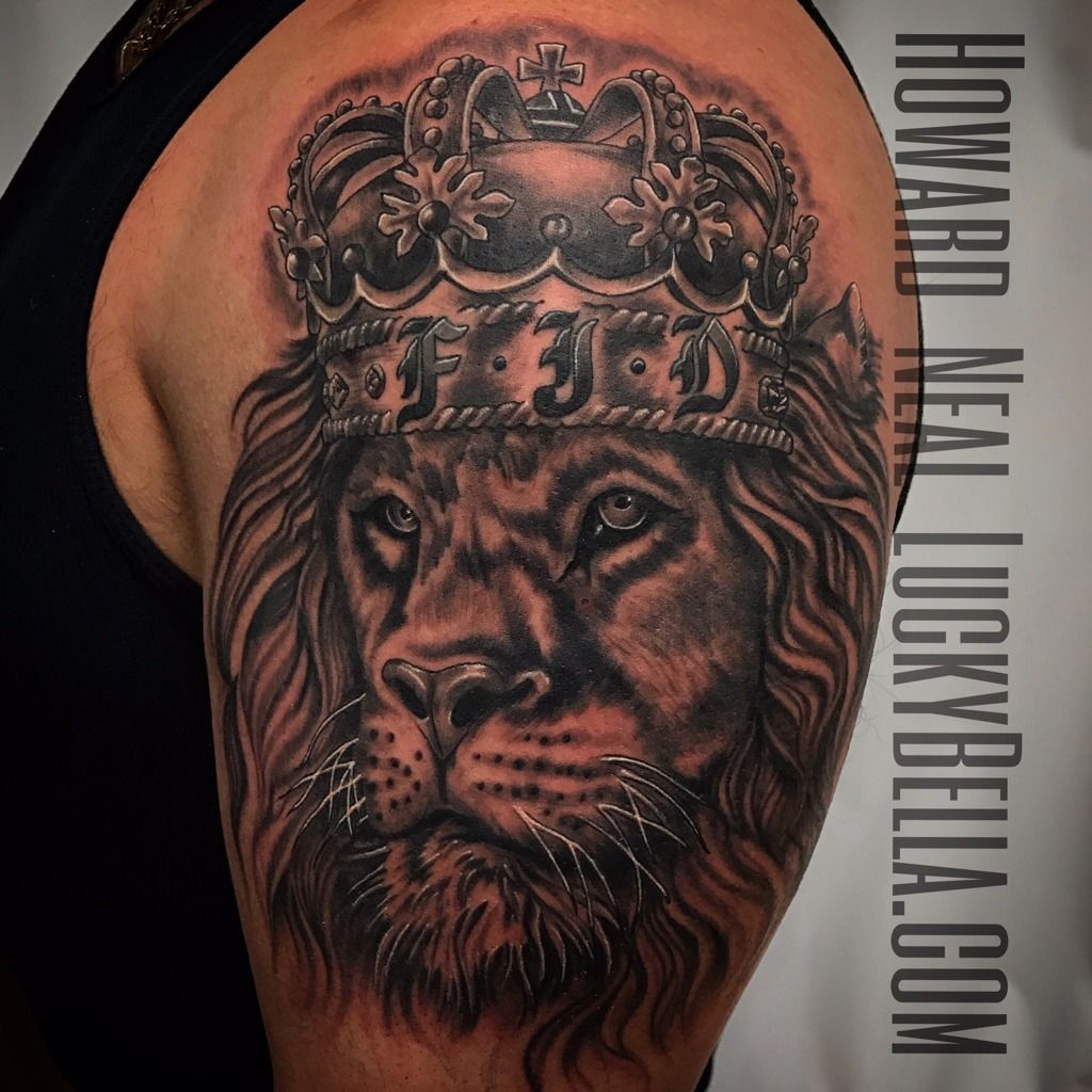 howardnealtattoos:lion-tattoo-done-by-howard-neal-wwwluckybellacom-tattoo- tattoos-lion-lion-tattoo-black-black-and-grey-crown-crown-tattoo