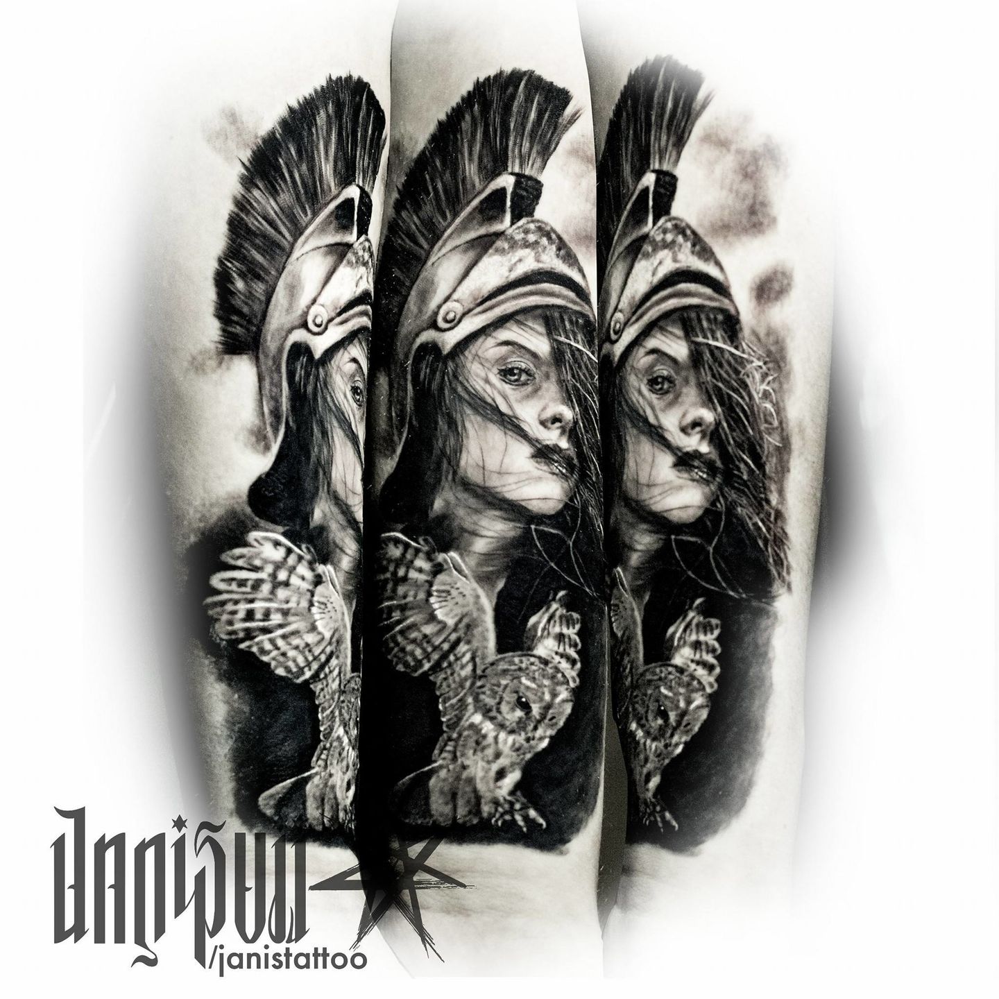 janistattoo:athena-realism-black-and-grey-realistic-warrior-owl-royal