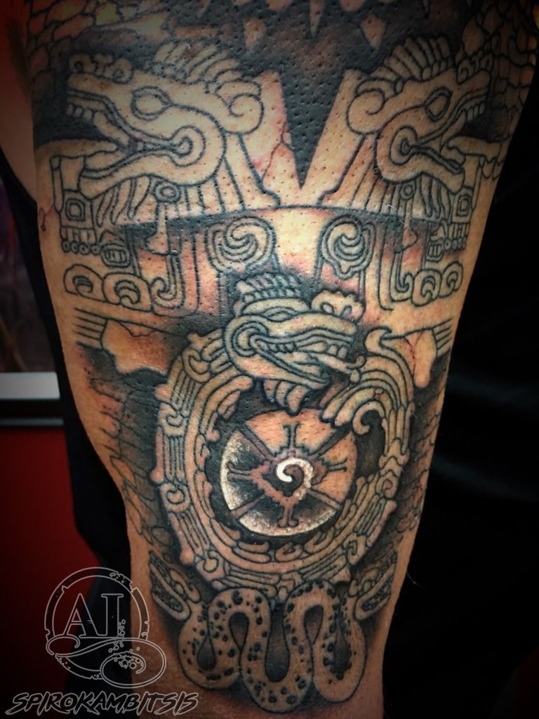 Grey Mayan Tattoo On Chest and Sleeve by Luis Arias