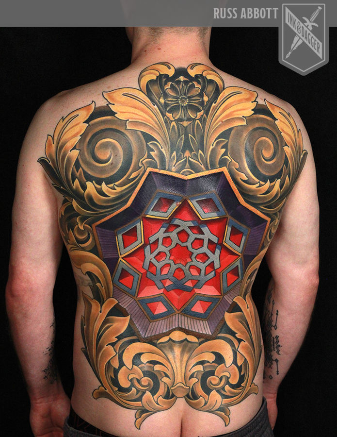 3d_scrollwork_back_piece_tattoo_russ_abbott_ink_dagger_atlanta_artist