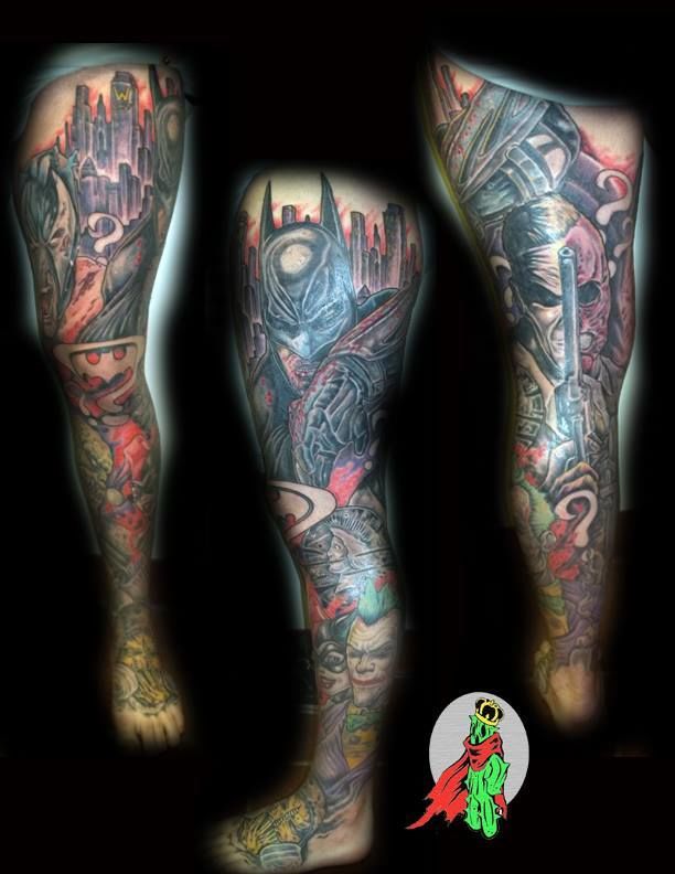 lordcaktis:batman-leg-sleeve-tattoo-portrait-sleeve-comic-batman-joker- harley-quinn-penguin-bane