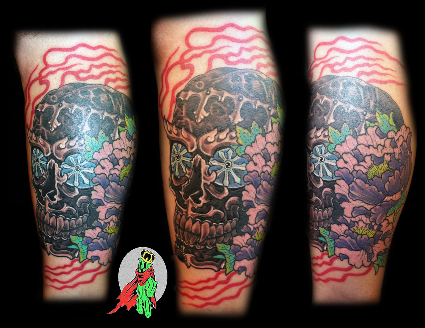 lordcaktis:tibetan-kapala-tattoo-tibetan -kapala-skull-color-scary-horror-calf-flower