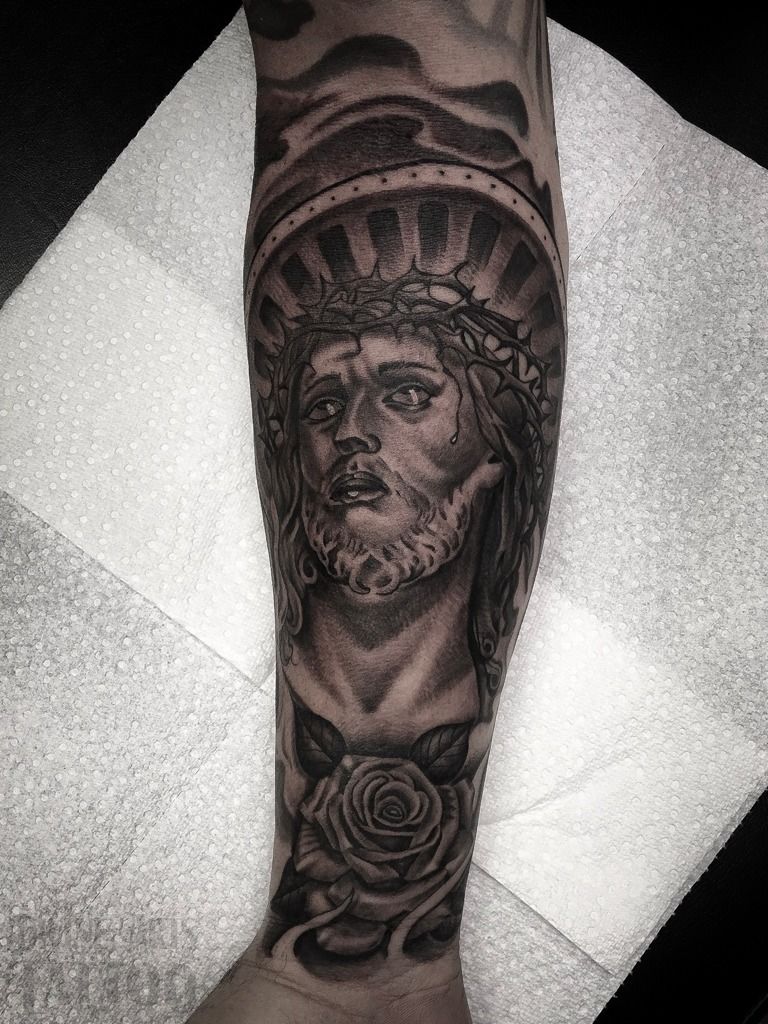 Realistic Jesus Tattoo On Bicep