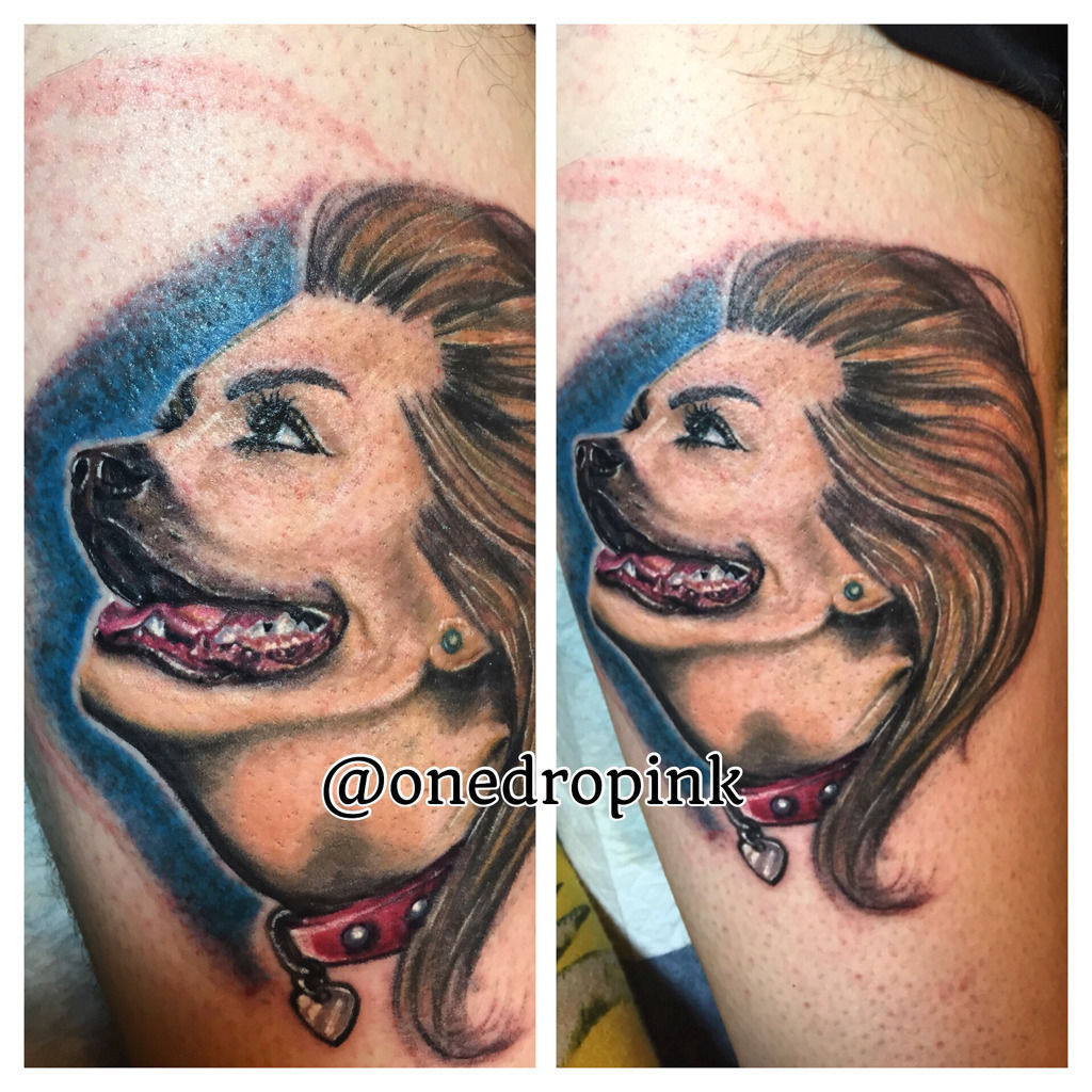 Dog Face Head Tattoo On Leg Calf