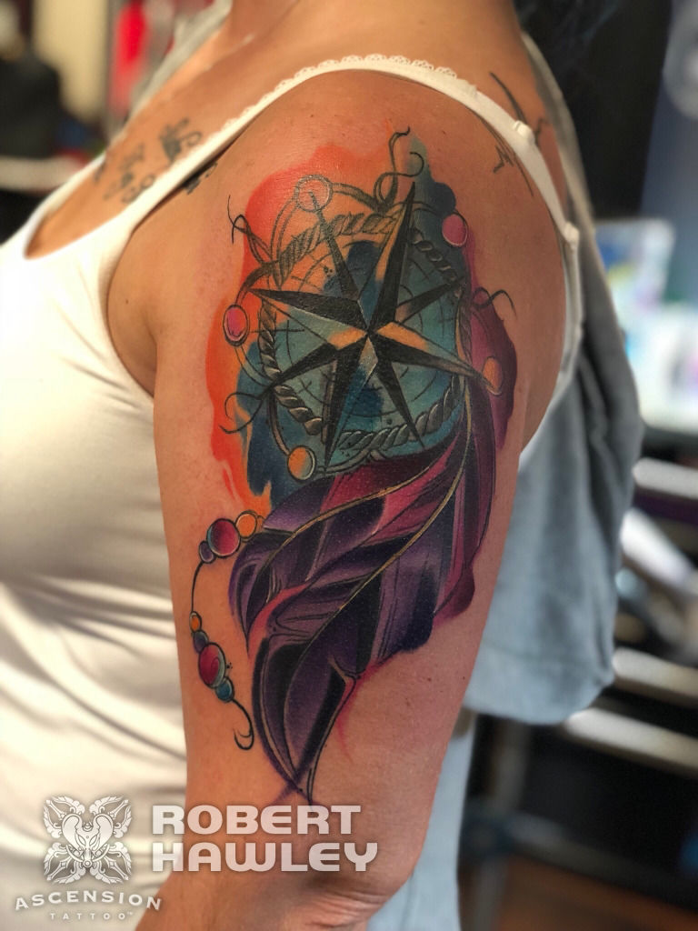 chrometoaster:watercolor-color-color-tattoo-feathers-compass-dream-catcher