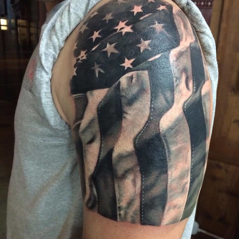 American Flag black and Gray half sleeve tattoo by Haylo by Haylo TattooNOW