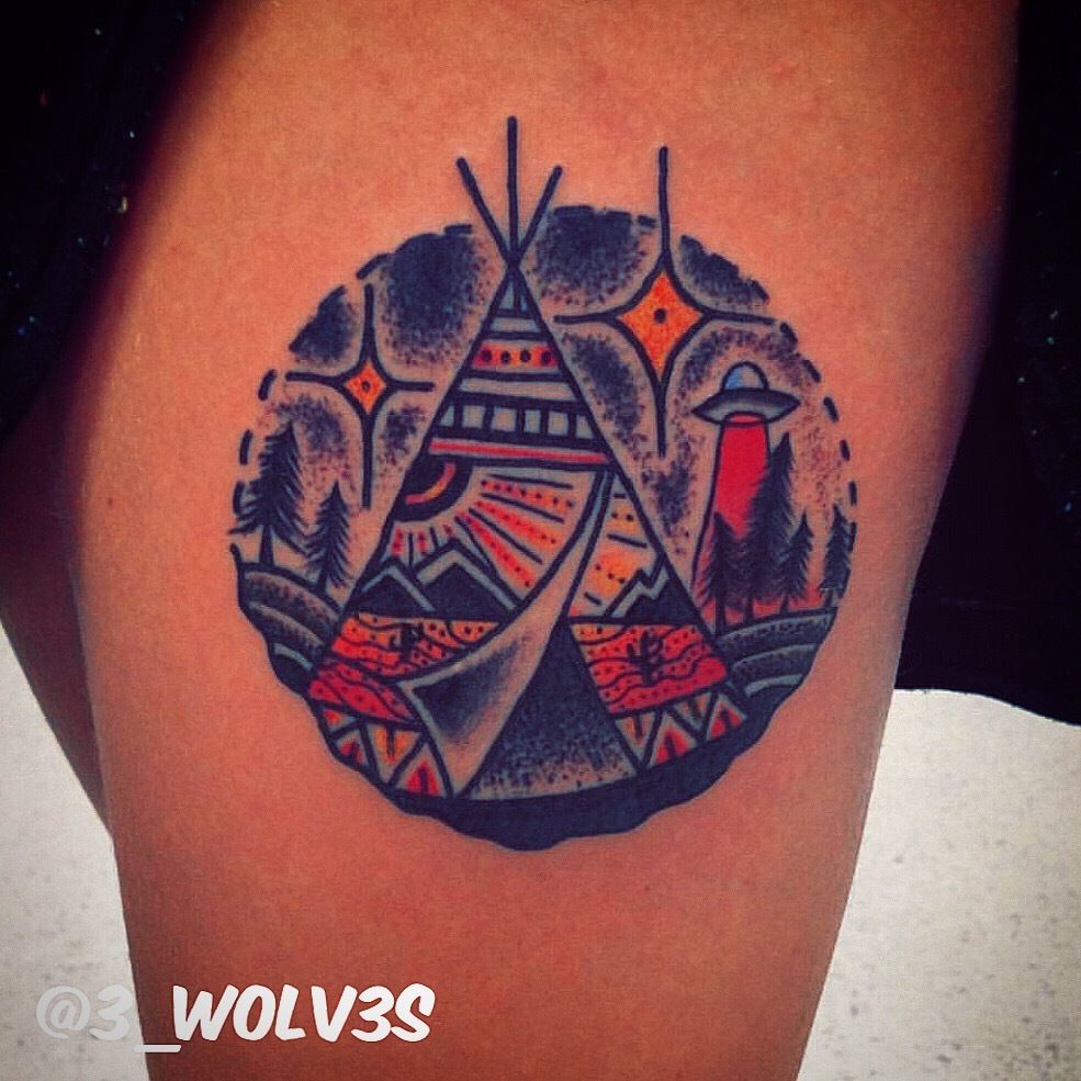 3wolv3s:teepee -scenery-with-ufo-neotraditional-traditional-colortattoo-stipple-teepee-ufo