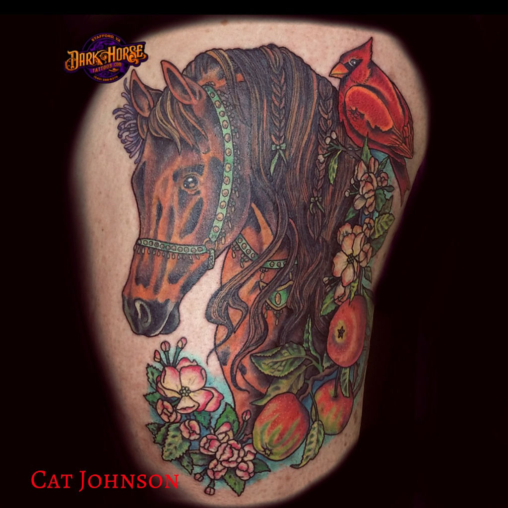Dark Horse Tattoos | Cat completed this sleeve with diverse requests: a  beach, a mountain, a horse, a baby foot print, flowers, desaturating  pre-existing spri... | Instagram