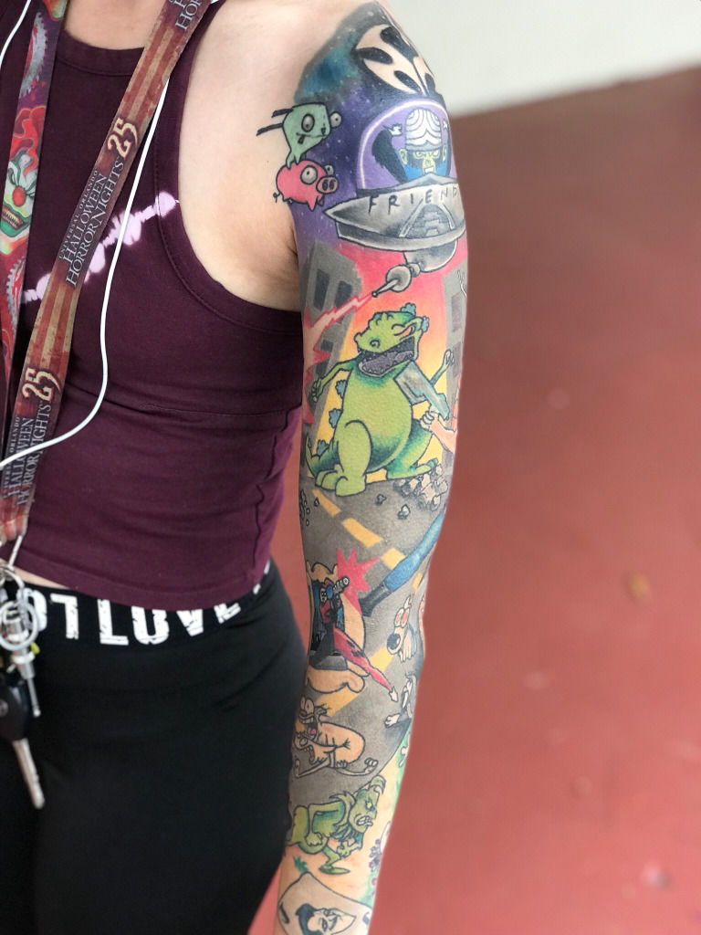 Arm sleeve colored tattoo with astronaut space and mushrooms tattoo idea   TattoosAI