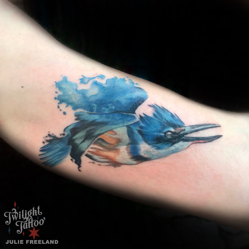 inkdbyjulie:watercolor-kingfisher-watercolor-color-tattoo -realism-color-realism-bird