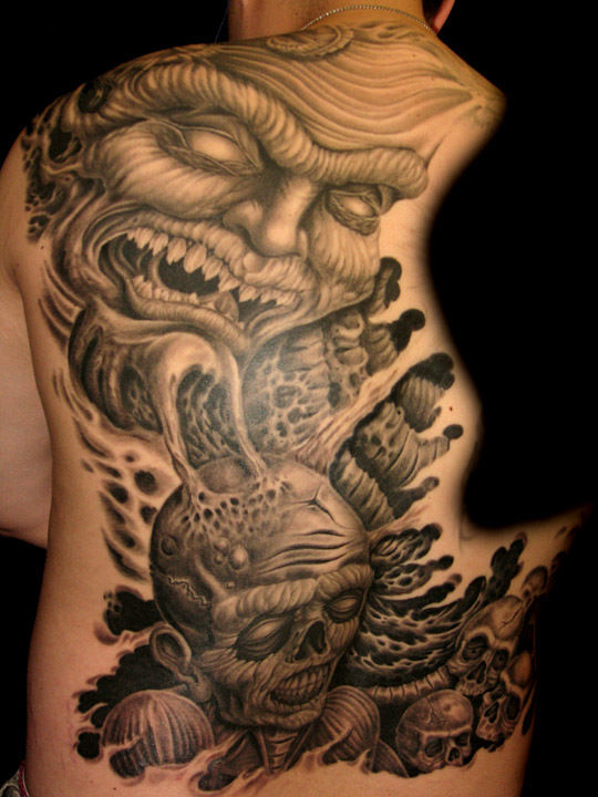 joeriley:demon-backpiece-tattoo-demon -skulls-evil-backpiece-portrait-realistic