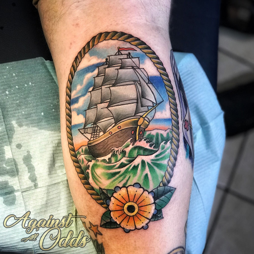 Vibrant Thigh Tattoo: Mountains, Boats, and Sunset by Mike Allred Stock  Illustration - Illustration of jerry, topock: 297763677