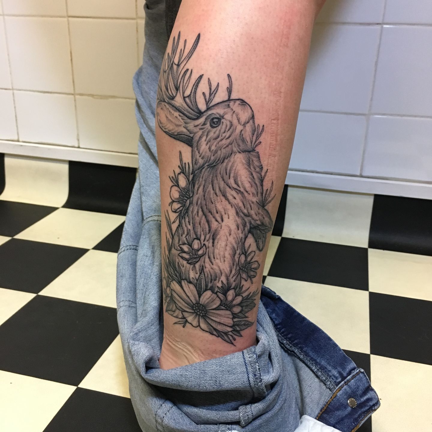 Black and Grey Neotraditional Jackalope Tattoo - Love n Hate