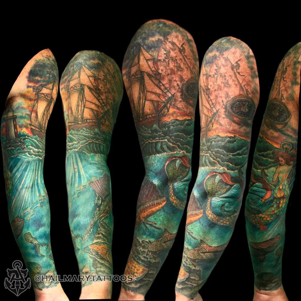 hailmarytattoos:coastal-sleeve-nauticalsleeve-fullsleeve-colorsleeve