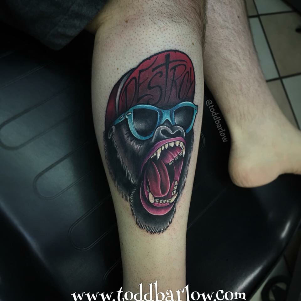 Park Ave. Tattoo - Traditional gorilla tattoo executed by Edwardharttattoos  at Park Ave. Tattoo. Fun piece for the top of the forearm. thanks for  checking it out. #gorrilla #kingkong #traditionaltattoo #boldlines #color #