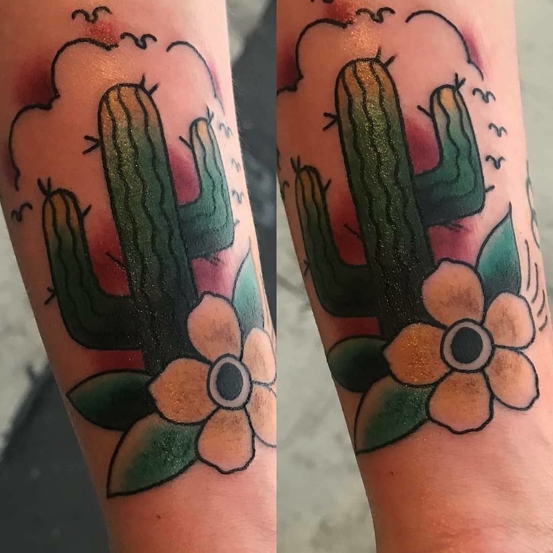 Traditional cactus tattoo on the calf