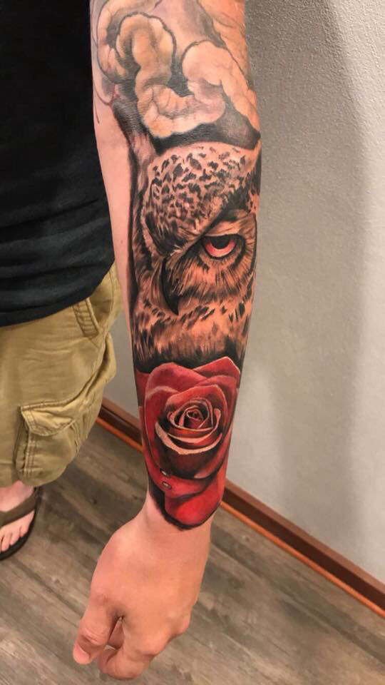 Abstract Rose And Owl With Skull Tattoo On Arm