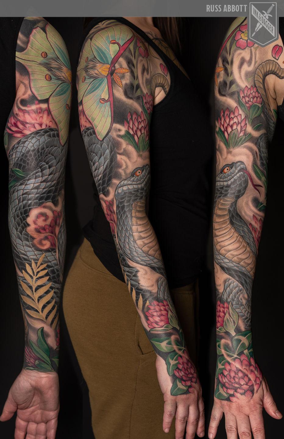 Snake_luna_moth_clover_woman_color_sleeve_tattoo_abbott_atlanta