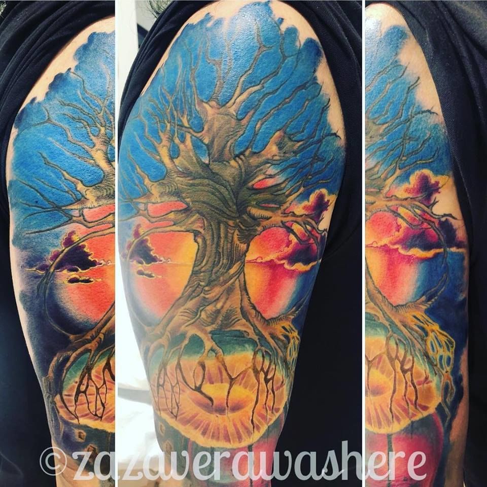 zazatattoos:tree-of-life-tree-of-life-cover-up-color-sky-full-color -sleeve-space-tattoo-color-surrealism