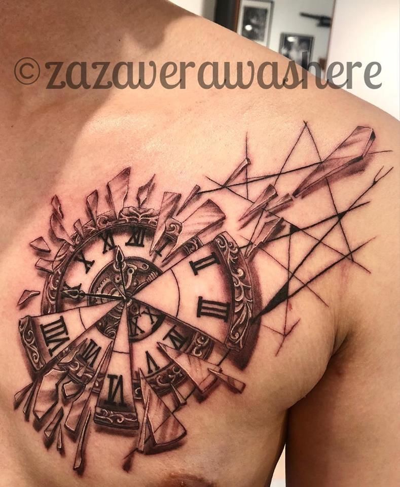 zazatattoos:time-pocketwatch-surrealism-black-and-grey-tattoo-chest-tattoo