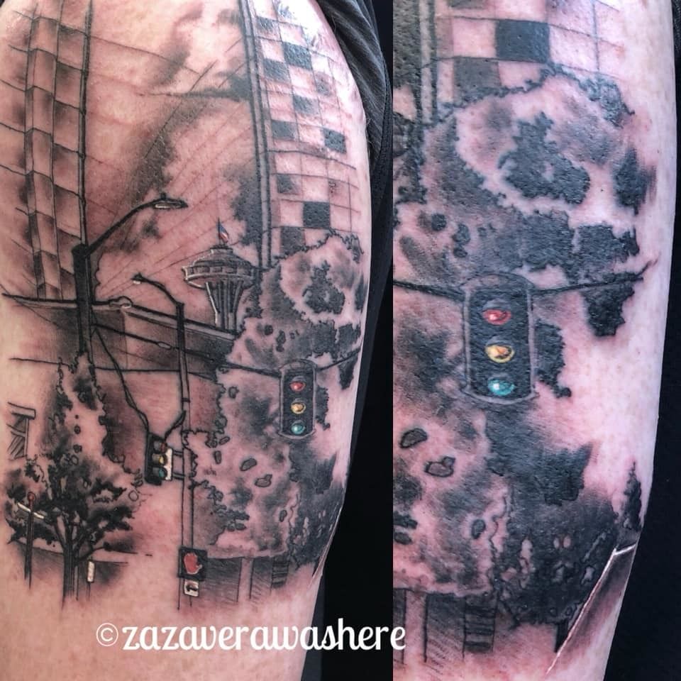 Abstract Seattle Space Needle tattoo done by Robert at Tattoo Alchemy in  Frederick Maryland  rtattoos