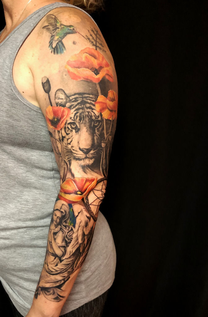 Tiger flower done by Todd at Hidden Rose Tattoo in Portland OR  rtattoos